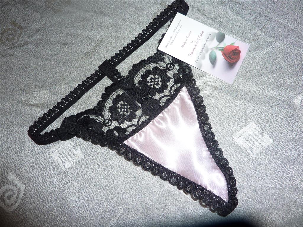 Pale pink & black satin and lace G string